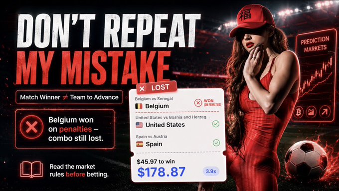A promotional graphic titled 'DON'T REPEAT MY MISTAKE' warns about prediction markets, showing a woman in a red dress and cap alongside a losing Belgium vs Senegal bet and a $178.87 winning payout of $45.97 from other matches.