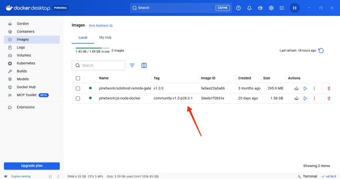 Docker Desktop's Images tab shows the "pinetwork/pi-node-docker" image with tag "community-v1.0-p28.0.1" (1.58 GB), highlighting the newly released Protocol 28 Docker image referenced in the Pi Network upgrade announcement.
