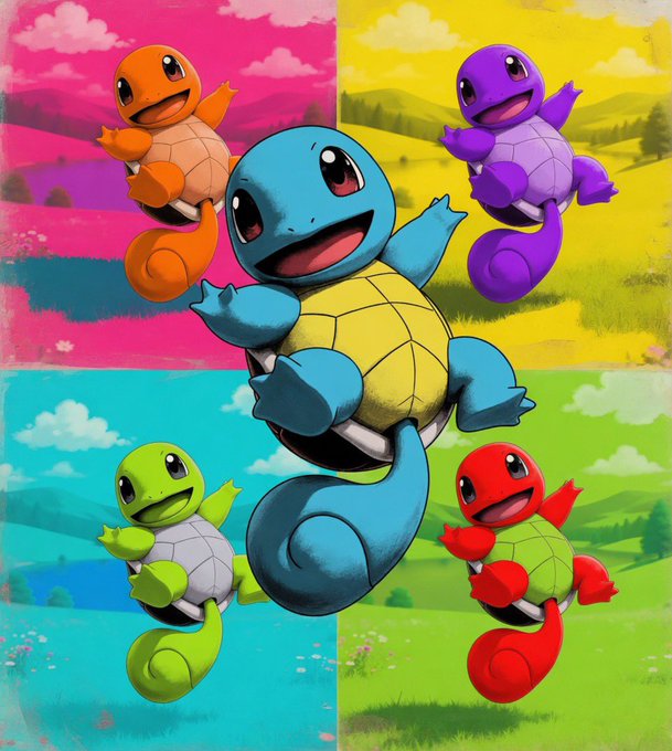 Pop-art style illustration of Squirtle in five different color variations across a four-panel background.