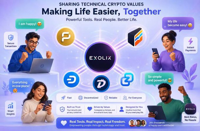 A colorful promotional graphic for Exolix crypto exchange featuring diverse people and the tagline 'SHARING TECHNICAL CRYPTO VALUES: Making Life Easier, Together'.
