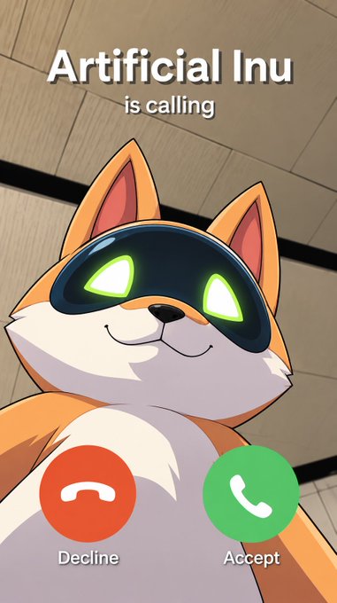 An anime-style fox character with glowing green visor eyes appears on a phone call screen with the text "Artificial Inu is calling" and buttons to decline or accept.