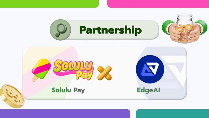 Partnership announcement graphic showing 'Solulu Pay' and 'EdgeAI' logos with the word 'Partnership' at the top.