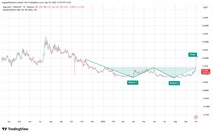 A TradingView chart showing the price action of Algorand (ALGO) against Tether (US) on a daily chart, featuring technical analysis patterns including a Double Bottom and a 'Target' annotation.
