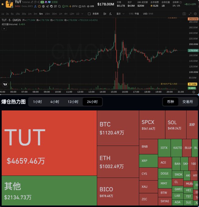 A 24-hour candlestick chart of GMGN/TUT showing a dramatic surge to $294.55M followed by a sharp drop to $178.00M (-0.43%), paired with a heatmap below that confirms TUT led liquidations with $46.59 million, while BTC ($1120.49M) and ETH ($1002.49M) sat at the top of the rankings.