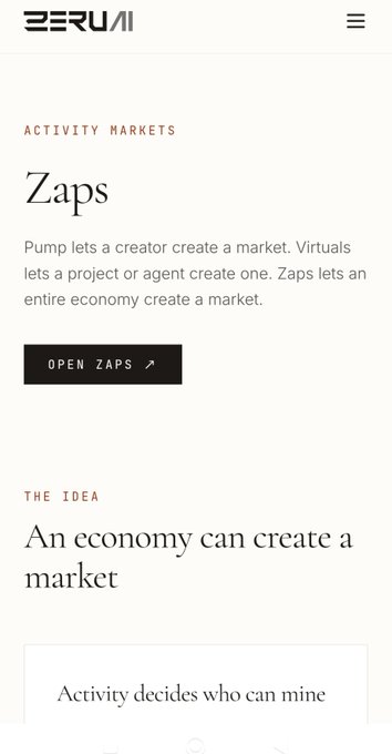 A mobile website screenshot for Zaps, with text describing it as letting an entire economy create a market, under the heading 'Activity Markets'.