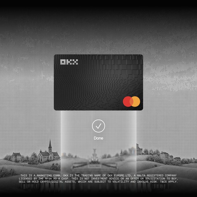A black OKX-branded Mastercard with a textured pattern floats above a monochromatic pastoral landscape featuring a church and rolling hills, with a checkmark and "Done" displayed below to confirm a successful transaction. The fine print identifies OKX as a trading name of OKX Europe Ltd., a Maltese registered company licensed by the MFSA as a CASP, noting the card relates to the post's promotion of 2% cashback on spending and up to 3.5% APY with Pay Boost for crypto/digital asset users.