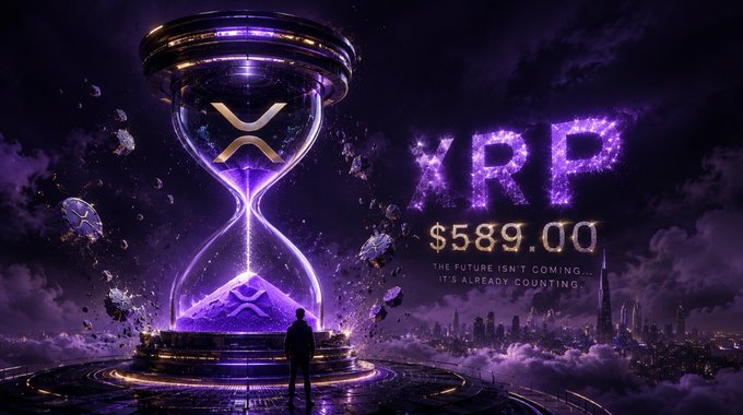 A futuristic digital art piece showing an hourglass with the XRP (Ripple) logo inside, alongside glowing purple text reading 'XRP $589.00' and 'THE FUTURE ISN'T COMING... IT'S ALREADY COUNTING'.
