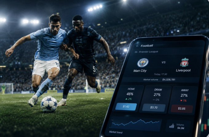 A promotional graphic showing soccer players competing alongside a mobile betting interface for a Premier League match between Man City and Liverpool.