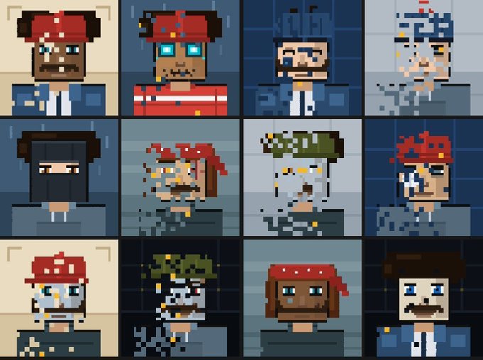 A 3x4 grid of pixel-art portraits showing various characters with different hairstyles, hats, and facial features, where many of the figures are depicted with a dissolving or pixelating glitch effect breaking apart their faces.