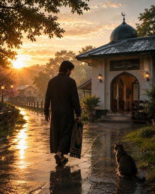 A man carrying a prayer mat walks down a wet, sunlit street toward a small mosque with a green dome at sunset, while a tabby cat watches him.