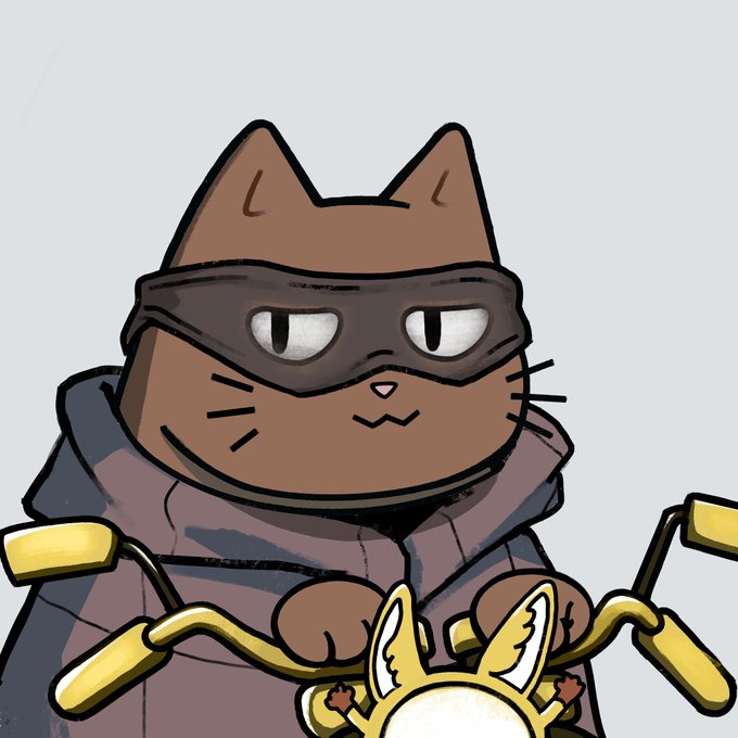 A determined brown cat wearing a dark domino mask grips ornate golden handlebars, with a stylized horned emblem at the center, capturing the "Motocat Racing Club Honorary Spot" vibe—an on-chain veteran driver who finally met something on the blockchain that stared back.