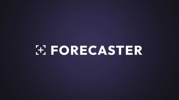 A dark blue logo screen displaying 'FORECASTER' in white text with a crosshair-style icon.