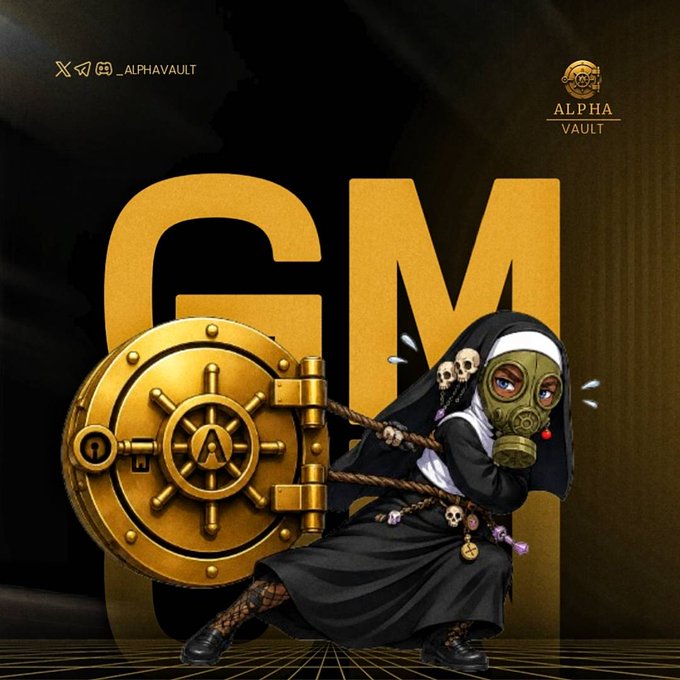 A promotional image for 'ALPHA VAULT' featuring a cartoon nun character wearing a gas mask struggling to open a large golden vault with the letters 'GM' behind her.