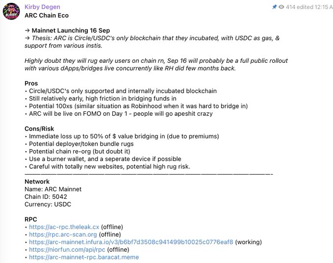 The image shows a Telegram post from "Kirby Degen" in an "ARC Chain Eco" group, outlining a bull case for the ARC Mainnet launching September 16, highlighting that it is Circle/USDC's only incubated blockchain using USDC as gas, while noting risks like high bridging premiums (up to 50% loss), potential rugs, and scam websites. The accompanying post references this early September thesis, noting that bridging premiums have now decreased from the initial 50-80% range mentioned in the analysis to a more modest level.