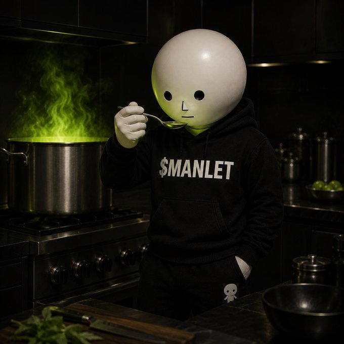 A figure wearing a black hoodie with "$MANLET" printed on the front tastes something from a spoon while eerie green steam rises from a large pot on the stove in a dark kitchen, visually embodying the meme's call to "cook" the $MANLET ticker.