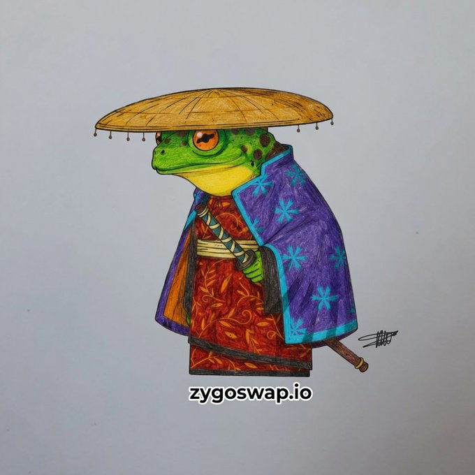 A hand-drawn illustration depicts a green frog samurai wearing a traditional straw hat (kasa), a purple cloak adorned with blue floral patterns, and red robes, while carrying a katana. The artwork is signed by the artist and features the text "zygoswap.io" at the bottom, creatively tying into the crypto/DeFi promotional post about $zswap and Polymarket through the samurai frog mascot branding.
