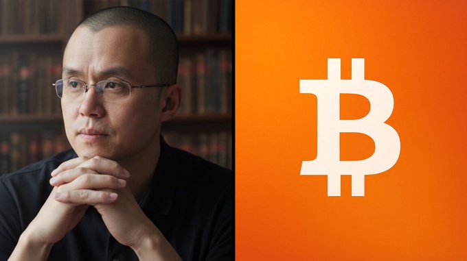 Changpeng Zhao (CZ), founder of Binance, is shown on the left next to a large Bitcoin (₿) symbol on the right, visually supporting his message that Bitcoin serves as a long-term hedge against inflation despite short-term price declines. The split composition pairs his contemplative pose with the iconic orange Bitcoin logo to reinforce his endorsement of BTC as a store of value.