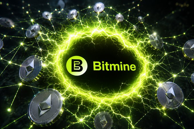 A glowing green 'Bitmine' logo surrounded by floating Ethereum (ETH) coins against a dark network background.