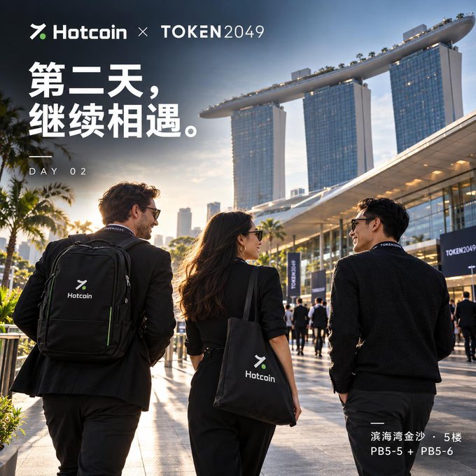 A promotional image for the 'TOKEN2049' conference featuring three people carrying 'Hotcoin' branded bags, with text reading '第二天，继续相遇' (Day 02) and event details 'PB5-5 + PB5-6'.