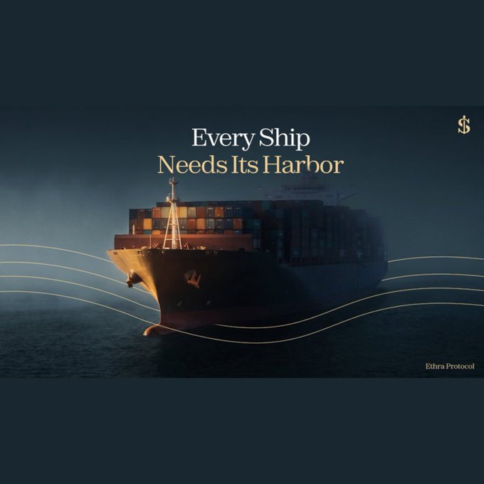 A darkly lit cargo ship floats on calm waters with golden flowing lines sweeping across the hull, overlaid with the text "Every Ship Needs Its Harbor" and the "Ethira Protocol" branding alongside a dollar sign logo.

The image visually reinforces the post's message by using the metaphor of a massive container ship—representing the enormous amounts of capital moving through crypto—as something that requires a "harbor" (Ethira Protocol) to dock and find purpose, suggesting that direction and infrastructure matter more than the raw volume of capital flowing onchain.