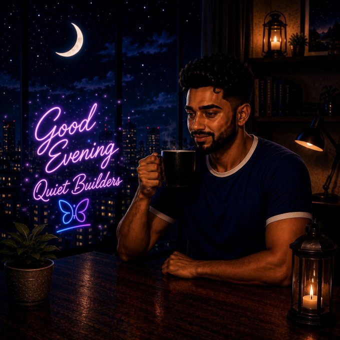 A man in a blue t-shirt sits at a wooden table holding a steaming black mug, with neon text reading 'Good Evening Quiet Builders' glowing in purple and pink against a nighttime cityscape.