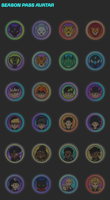 A grid of 24 colorful circular avatar icons under the heading 'SEASON PASS AVATAR', featuring various animals like panthers, foxes, and wolves, plus stylized human characters.