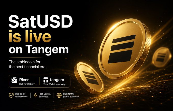 Promotional advertisement announcing 'SatUSD is live on Tangem' with the tagline 'The stablecoin for the next financial era,' featuring logos for River and Tangem, and highlighting features like 'Backed by real reserves,' 'Fast. Secure. Seamless,' and 'Built for the global economy.'