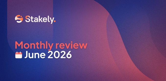 A purple and pink gradient graphic for 'Stakely.' displaying 'Monthly review June 2026' with the Stakely logo.