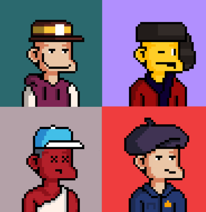 A pixel art illustration showing four different character portraits in separate colored quadrants, including a man in a hat, a man with a beard, a red character with X eyes, and a man in a beret.