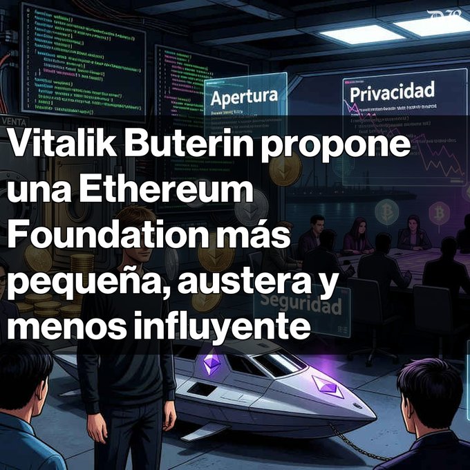 The image features a man standing next to an unusual-looking vehicle, which appears to be a small boat or submarine with a purple hue. The background of the image includes a computer screen displaying information about the Ethereum Foundation's operations. The text on the image reads "Vitalik Buterin revisa la estrategia de la Ethereum Foundation Anuncia un modelo más pequeño y austero. Se centrará en CROPS: resistencia a la censura, apertura, privacidad y seguridad. Reducirán la venta deETH y limitan su influencia". The man in the image is described as being "very tall" and wearing a black shirt.