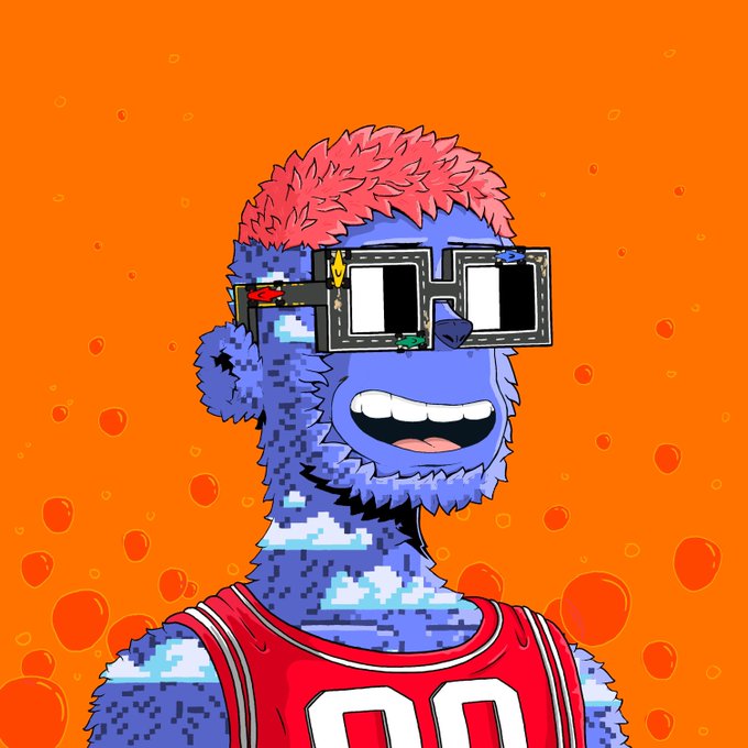 A pixel-art illustration of a blue furry monster wearing pixelated sunglasses and a red jersey against an orange dotted background.
