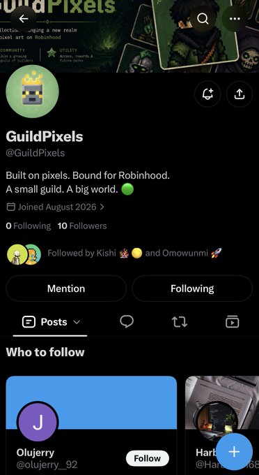 A Twitter/X profile page for 'GuildPixels' (@GuildPixels) describing itself as 'Built on pixels. Bound for Robinhood. A small guild. A big world,' with 10 followers and joined in August 2026.