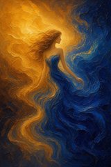 A digital painting of an ethereal figure with flowing blonde hair transitioning into swirling blue and orange cosmic smoke patterns.