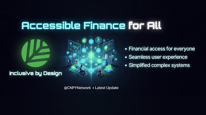 A graphic promoting "Accessible Finance for All" with the tagline "Inclusive by Design," featuring a green leaf logo and an illustration of people connected through a digital network, alongside bullet points highlighting financial access, seamless user experience, and simplified systems—visually reinforcing the post's message about decentralized networks fostering inclusive participation.