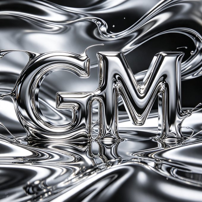 The image features the letters "GM" rendered in a polished, liquid chrome-like metallic finish, set against a swirling, reflective silver background. The "GM" ties directly to the post's enthusiastic greeting to the $XLM community, while the molten, precious-metal aesthetic visually reinforces the message about gold, silver, and platinum as stable investment havens during volatile markets.