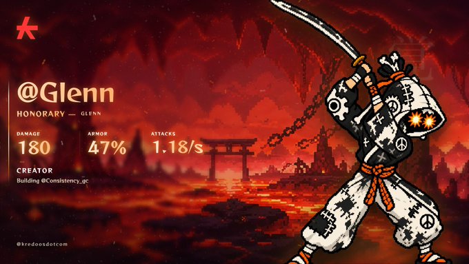 A character profile card showing '@Glenn' — an honorary samurai character with 180 damage, 47% armor, and 1.18/s attacks, credited to Building @Consistency_qc, on artwork from kredoosdotcom.