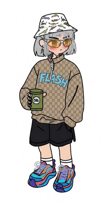 Anime-style illustration of a character with gray hair wearing a fish-patterned bucket hat, orange sunglasses, a Gucci-patterned 'FLASH' hoodie, black shorts, and colorful sneakers, holding a coffee cup.