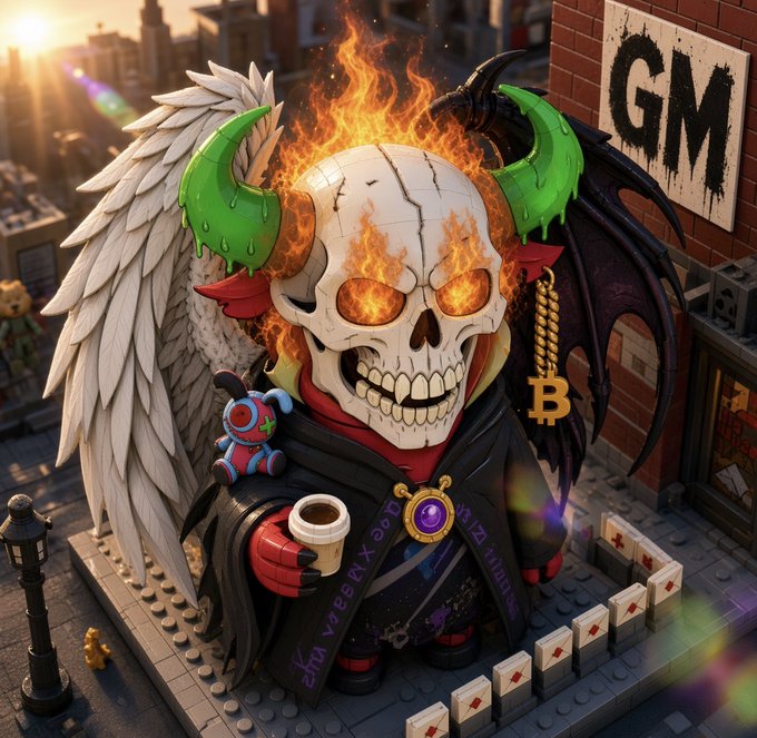 A 3D LEGO-style figure features a flaming horned skull with angel wings and demon wings, wearing a Bitcoin chain, holding a coffee cup, with "GM" spray-painted on the brick wall behind it.