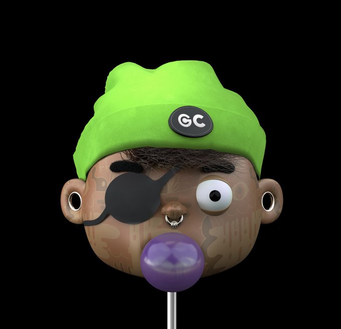 A stylized 3D cartoon character with a green beanie featuring a 'GC' logo, an eye patch, a nose ring, and blowing a purple bubblegum bubble on a black background.