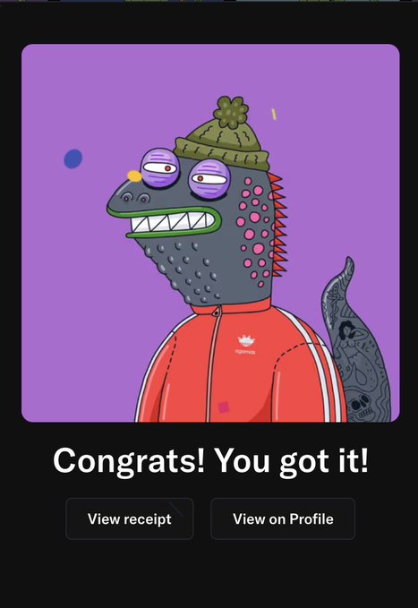 A digital receipt confirmation screen showing a cartoon lizard-like character wearing a beanie and red Adidas tracksuit, with the text 'Congrats! You got it!' and buttons to 'View receipt' or 'View on Profile'.