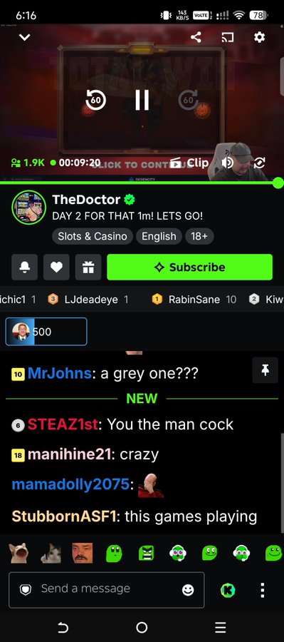 A mobile screen recording of a Twitch live stream by 'TheDoctor' titled 'DAY 2 FOR THAT 1m! LETS GO!' under the category 'Slots & Casino', showing active viewer chat.