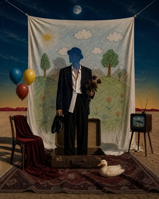 A surreal nighttime desert scene features a faceless man in a suit holding flowers, standing in an open suitcase before a painted backdrop, with balloons, a draped chair, a duck, and a vintage television nearby.