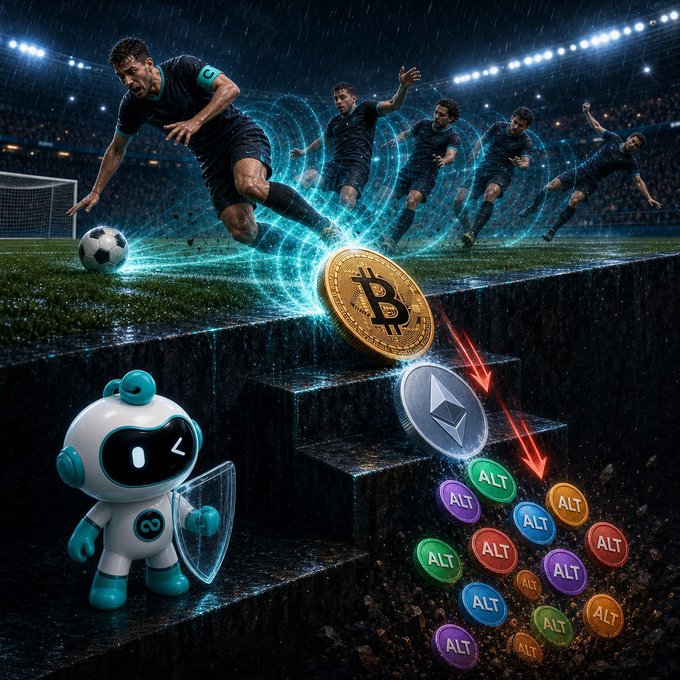 The image depicts a soccer player kicking a Bitcoin coin like a ball, with Ethereum and altcoins tumbling down stairs like a crumbling defense, while a small robot with a shield watches the decline—visually echoing the post's analogy that a 5% BTC drop can cascade into an 8% ETH fall and 20% altcoin losses, mirroring how conceding one goal can shatter an entire team's confidence.