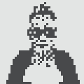 A small pixelated image showing a figure with hair tied up, wearing a dark top with a textured pattern.