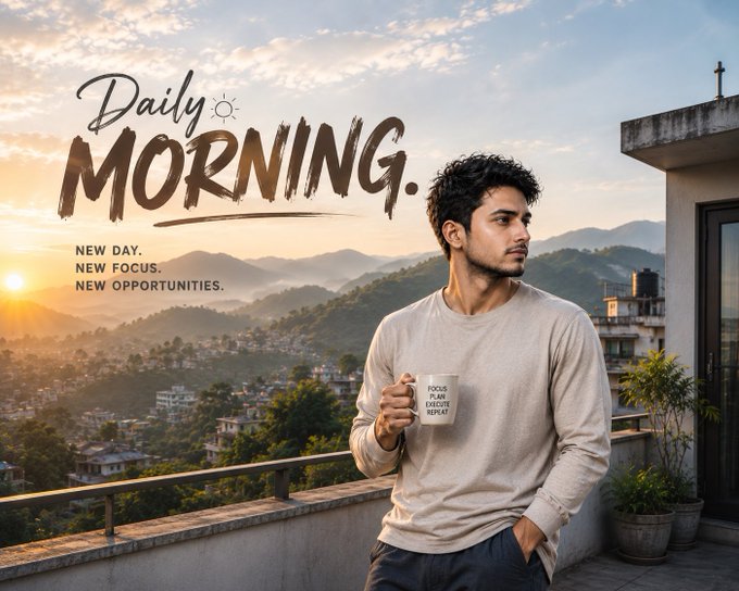 A motivational poster reading "Daily MORNING. NEW DAY. NEW FOCUS. NEW OPPORTUNITIES" featuring a young man holding a mug on a balcony overlooking a city at sunrise.
