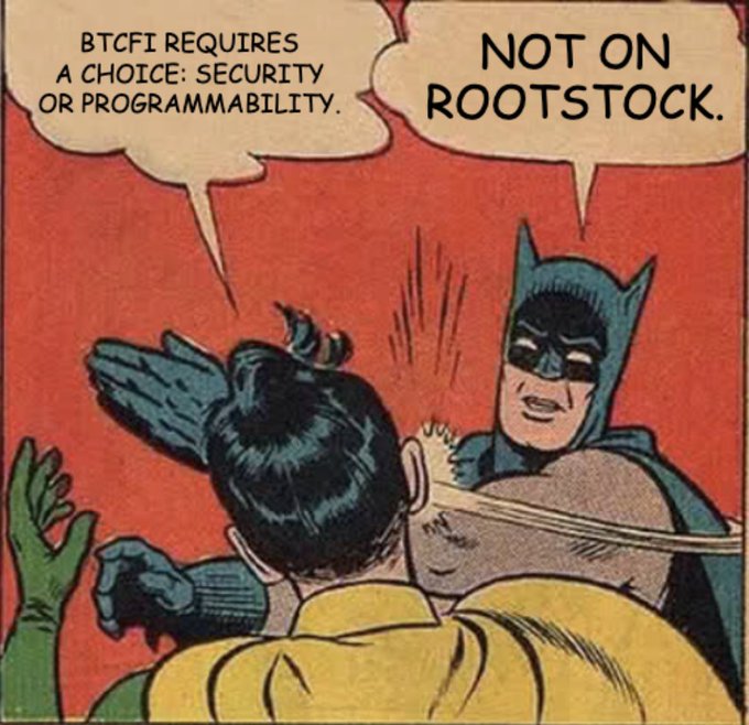 A vintage-style Batman comic panel meme where Batman slaps Robin, with text reading 'BTCFI REQUIRES A CHOICE: SECURITY OR PROGRAMMABILITY.' and 'NOT ON ROOTSTOCK.'