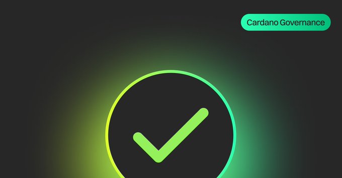 The image features a glowing green checkmark inside a circular gradient design against a dark background, with a label reading "Cardano Governance" in the top right corner, symbolizing the act of casting votes in the 2026 Constitutional Committee election.