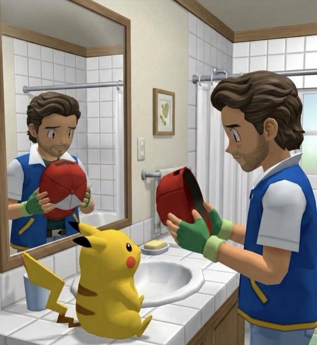 A Pokémon trainer (Ash Ketchum) examines a red Pokéball in a bathroom mirror while Pikachu sits curiously on the sink, with the scene playfully suggesting the reflective moment of building or scrutinizing a new crypto token, $Heresy, from the indie gaming project @TheGrottoL1.