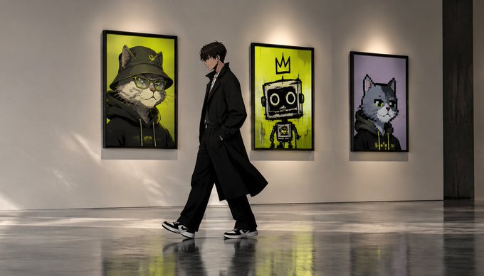 A man in a long dark coat walks past three framed street-art style portraits on a gallery wall: a cat in a hat, a robot, and a cat in a hoodie.