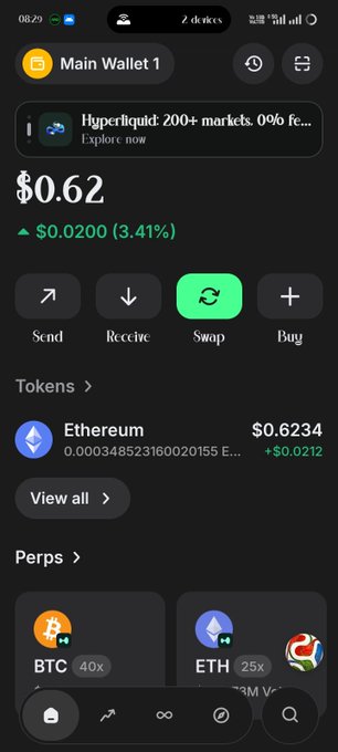 A mobile crypto wallet screenshot showing a main wallet balance of $0.62 with options to Send, Receive, Swap, and Buy, displaying an Ethereum holding worth $0.6234.
